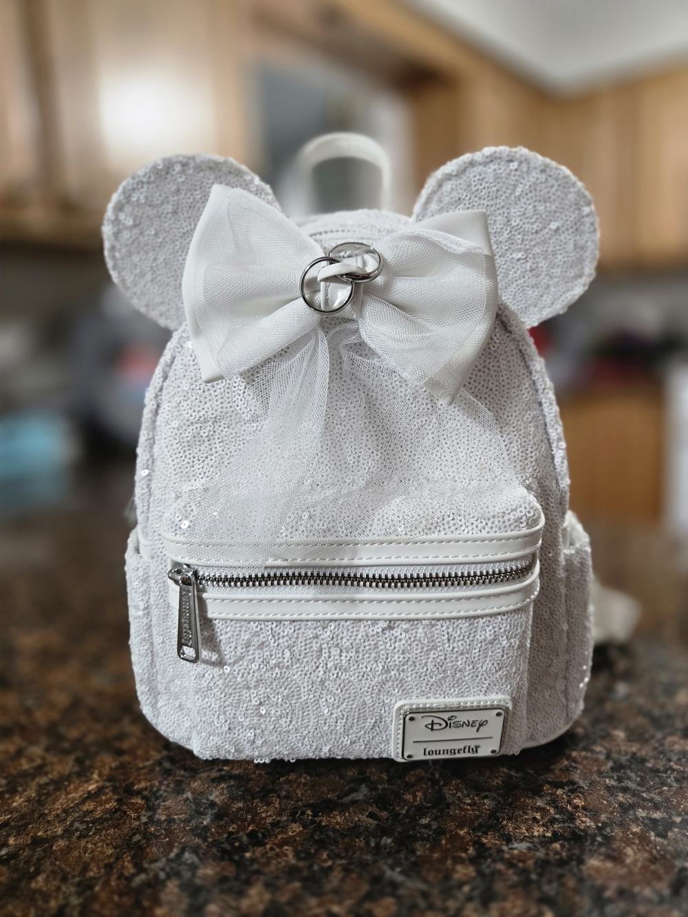 Loungefly Disney White Sequin Minnie Mouse Ear Mini Backpack with Bow